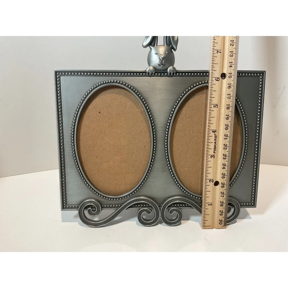 Burnes of Boston Double Oval Photo Frame Pewter Bunny Ears Easel Back Tabletop